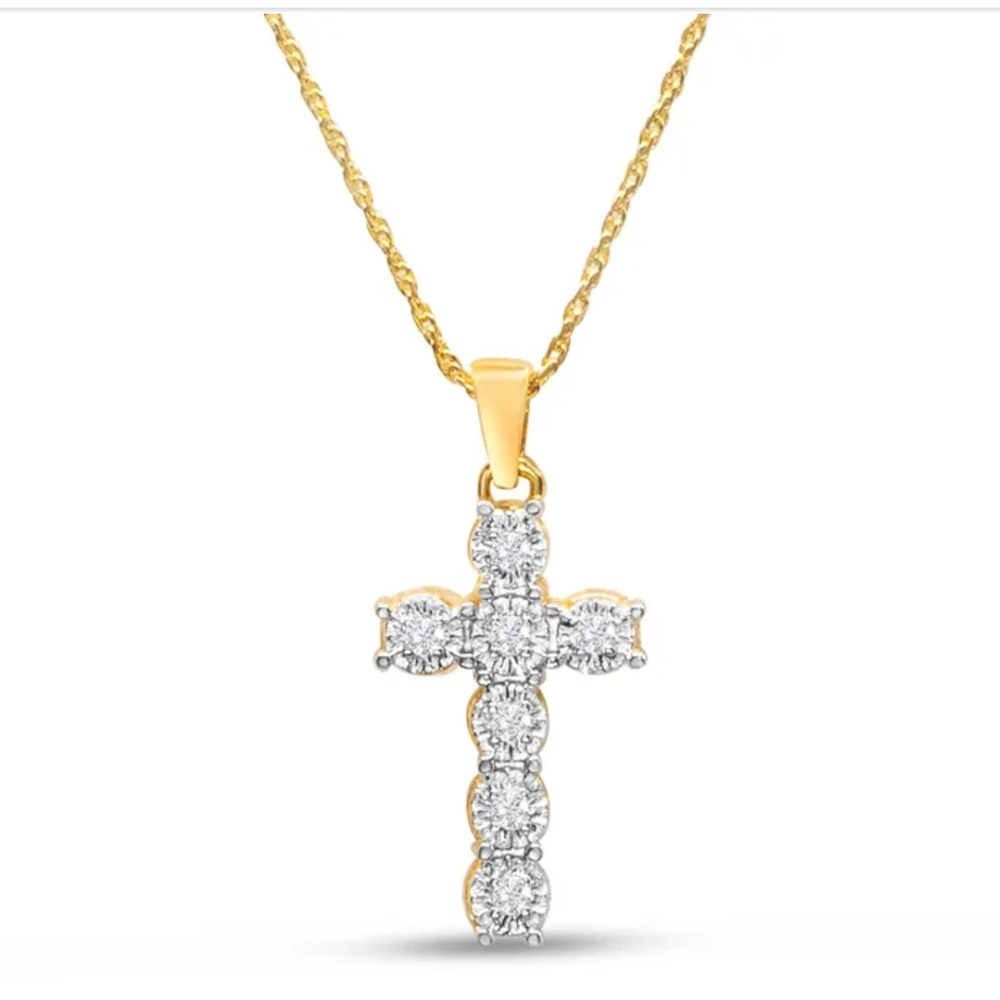 **EASTER GIFT!** 🆕 Diamond Cross Necklace 1/10 Carat Yellow Gold over Sterling